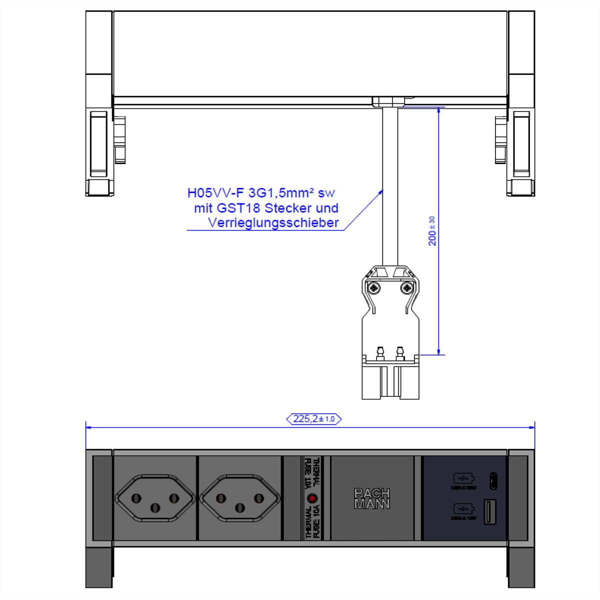 BACHMANN DESK2 2xCH 1xUSB A/C 22W, 0,2m GST18 RAL9010 Zwitserland