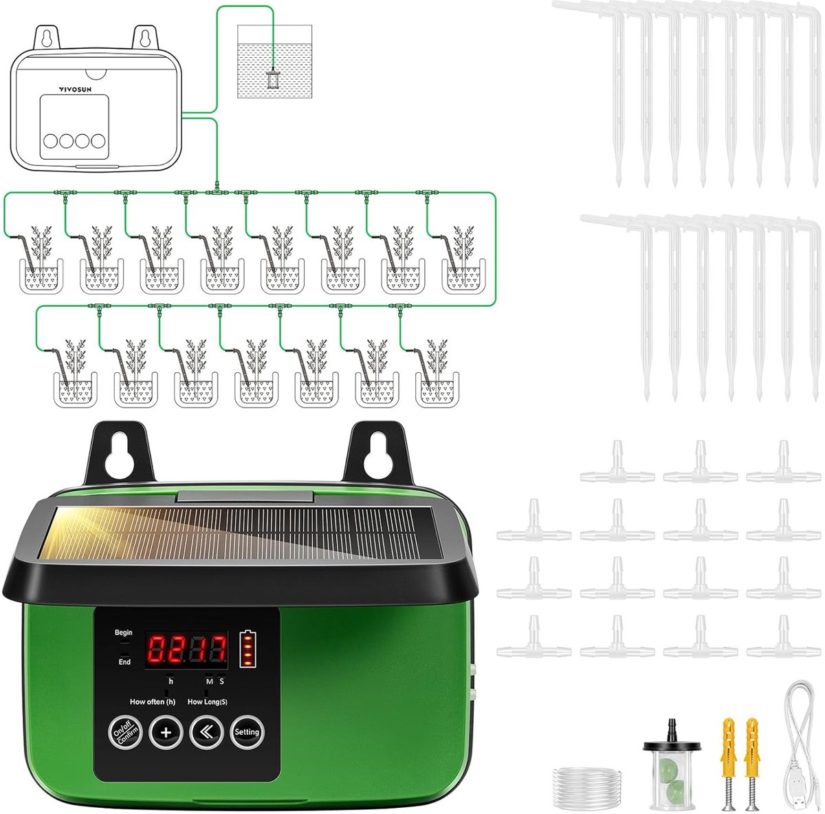 Zonne-irrigatiesysteem - Automatisch druppelsysteem - Planten water geven - Op zonne-energie - 30 voet slang - Zwart