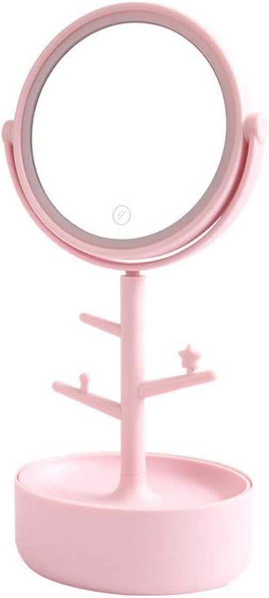 Kapspiegel met Laden - Make-up Spiegel - Schoonheidsroutine - Oplaadbaar Licht - 14x33 cm - Roze