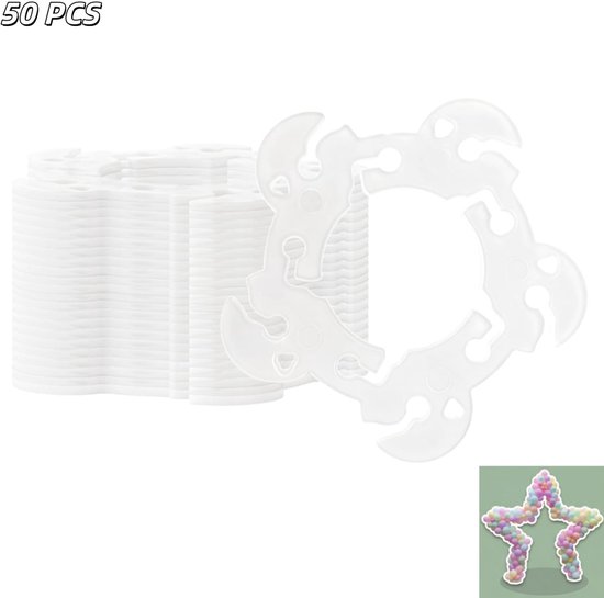 Een stapel witte ballonclips, 50 stuks. Een enkele witte ballonclip is afgebeeld, samen met een kleine ster van gekleurde ballonnen.