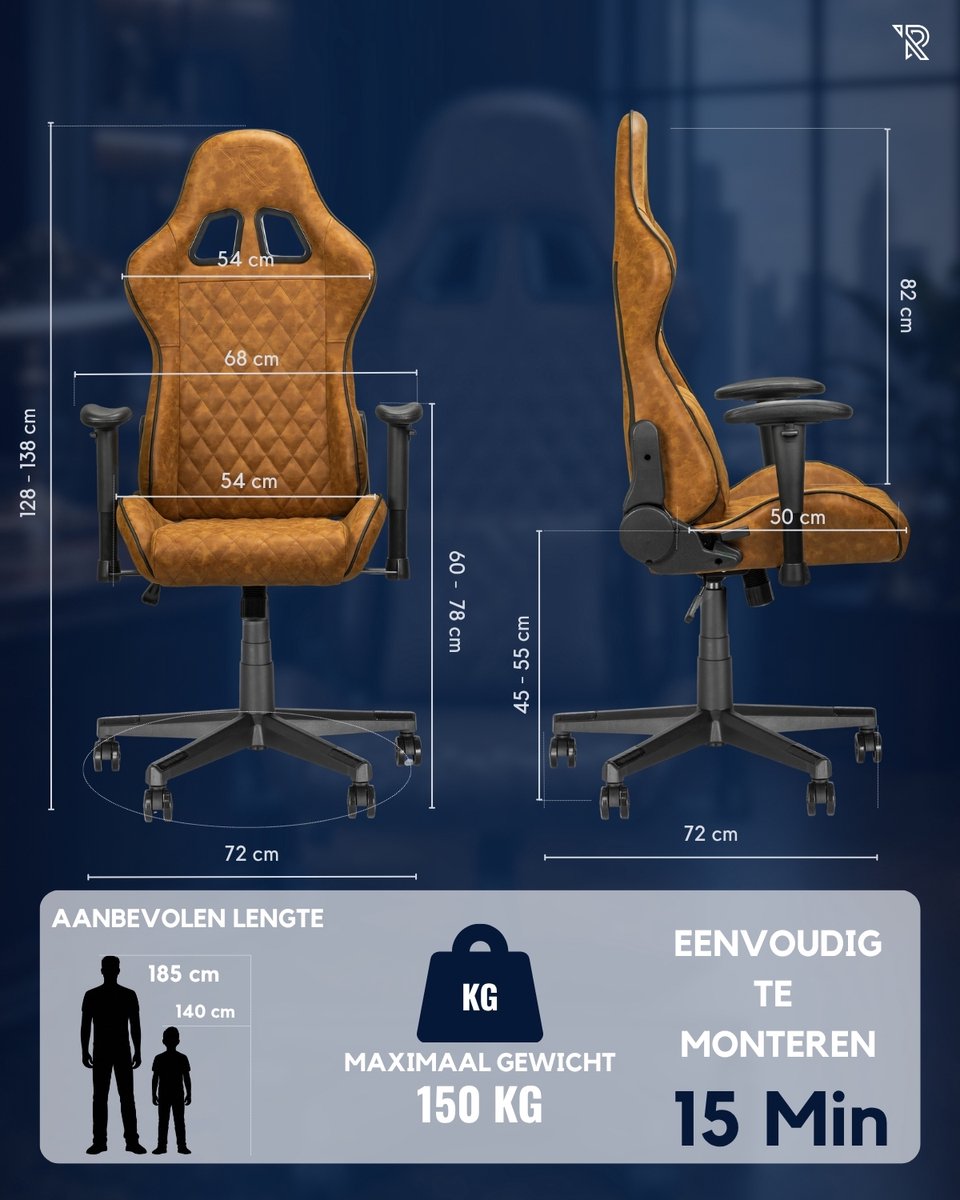 Ranqer Felix Bureaustoel Gamingstoel Bruin/Tan - afbeelding 3