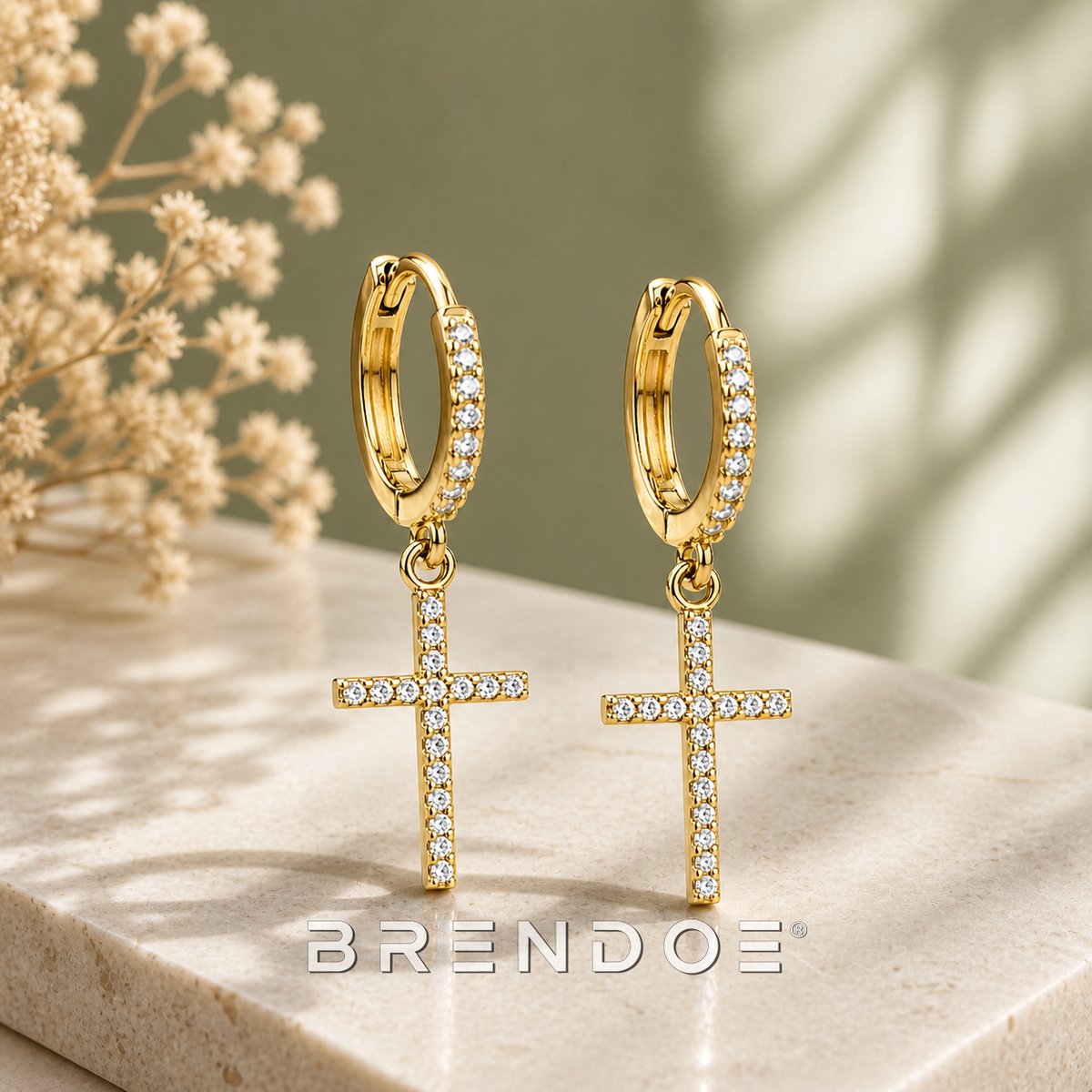 Brendoe Goudkleurige Kruis Hangoorbellen – Dames Oorbellen met Zirkonia – Elegante Oorringen