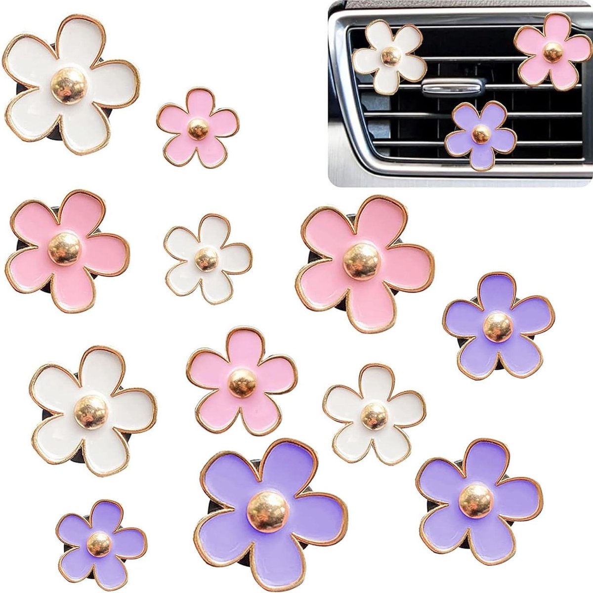 Bloem Luchtverfrisser - Auto Decoratie - Auto Interieur - Set van 12 stuks - 3 Kleuren - Madeliefjes Design