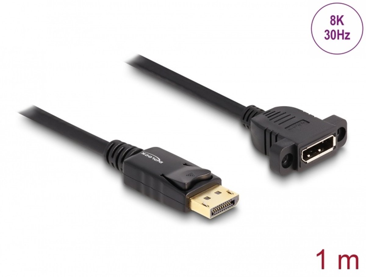 DisplayPort 1.4 kabel 8k 30 Hz mannelijk tot vrouwelijk 1 m paneel-mount zwart