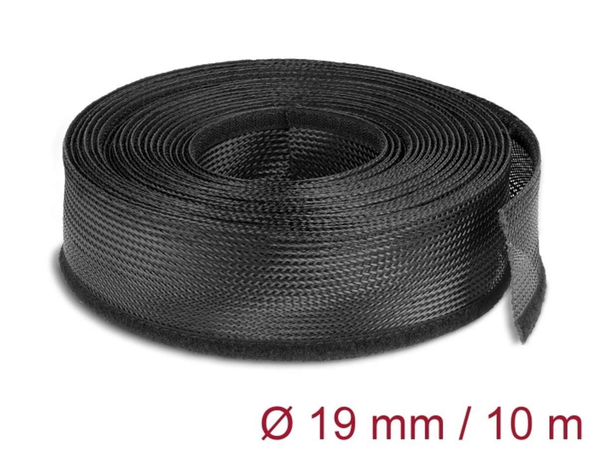 Gevlochten sleeving met haak-en-lus bevestigingsmiddel 10 m x 19 mm zwart