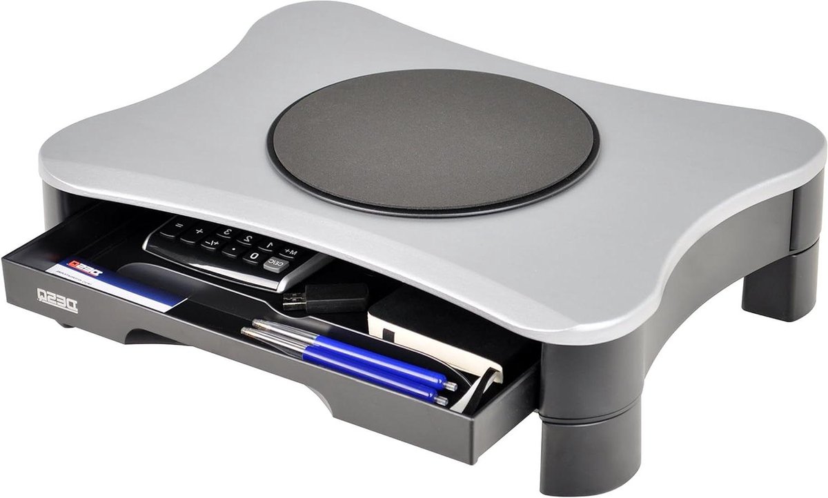 Monitorverhoger met schijf - Bureau organizer - Werkplek verbeteren - Met opberglade - 40 cm breed - Grijs