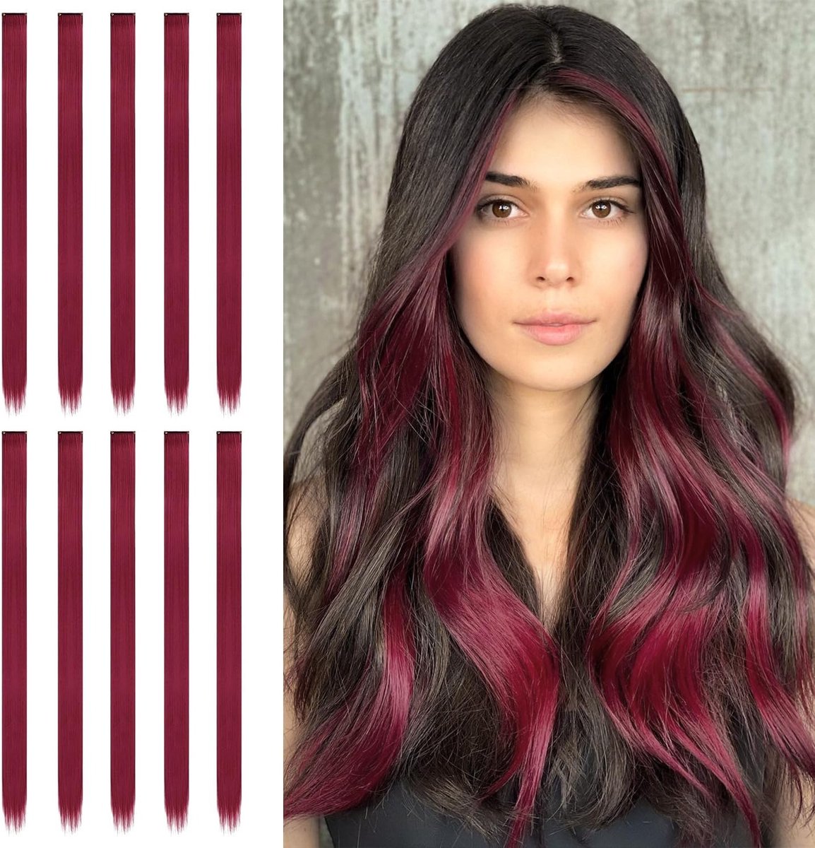 10 Delige Set Lange Rode Haarverlenging Clip-in - 56 cm Synthetisch Haarstuk