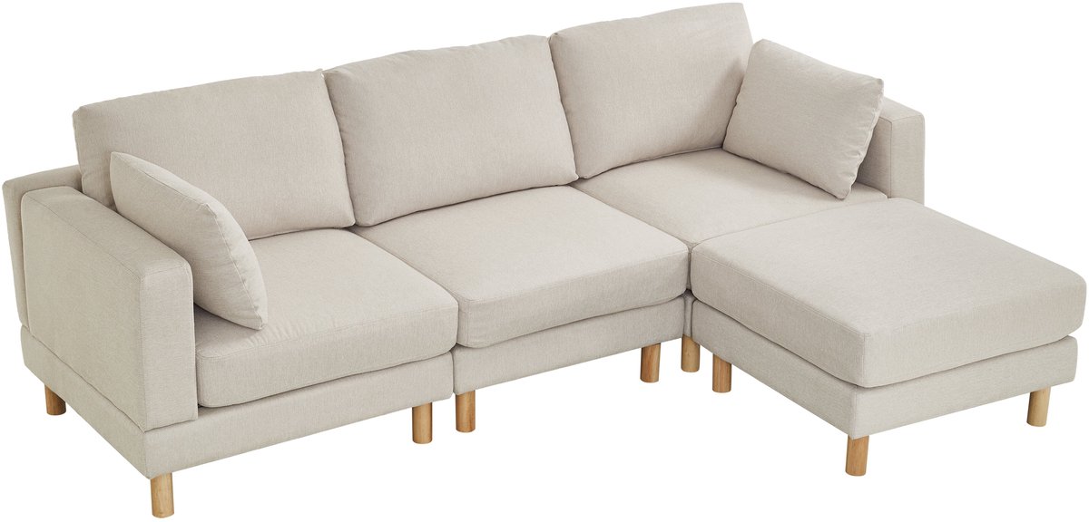 Merax 3-Zits Hoekbank Beige - L-Vormige Bank met Hocker - Omkeerbare Chaise Longue - Polyester Bekleding - Rubberhouten Poten - Scandinavisch Design