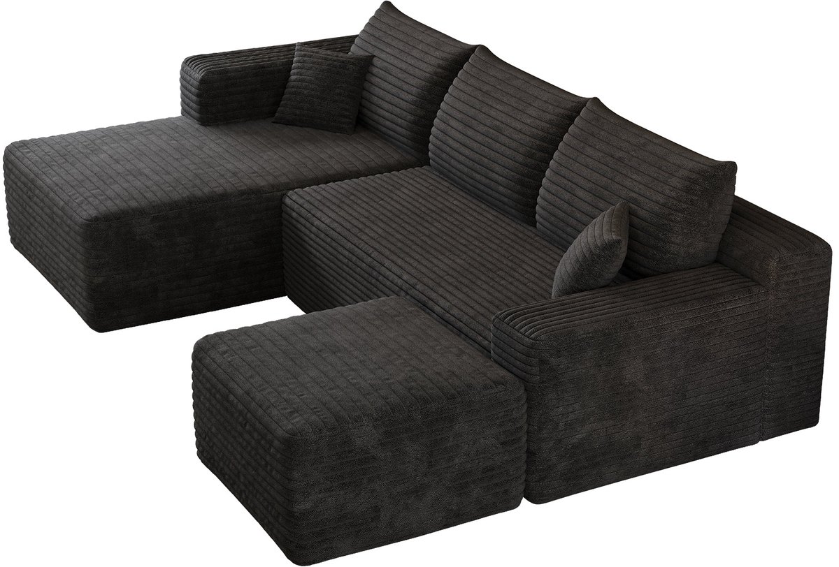Merax L-Vormige Hoekbank Zwart - 4-Zits Cloud Sofa met Chaise Longue Links en Hocker - Zachte Ribstof - Geen Montage Nodig