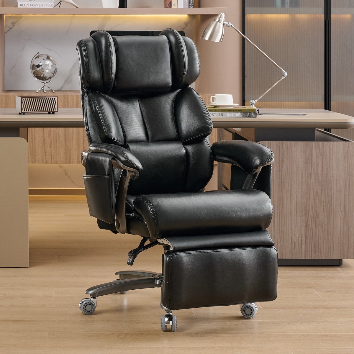 Merax XXL Ergonomische Bureaustoel Zwart - Directiestoel met Massage en Verwarming - Verstelbare Rugleuning - Uitschuifbare Voetensteun - 360° Draaibaar