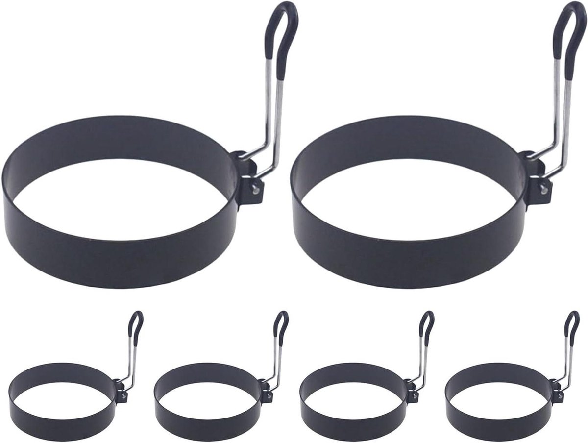 Omeletringen RVS - Eierringen Bakvorm - Perfecte Ronde Eieren - Antiaanbaklaag - 6 Stuks - Zwart