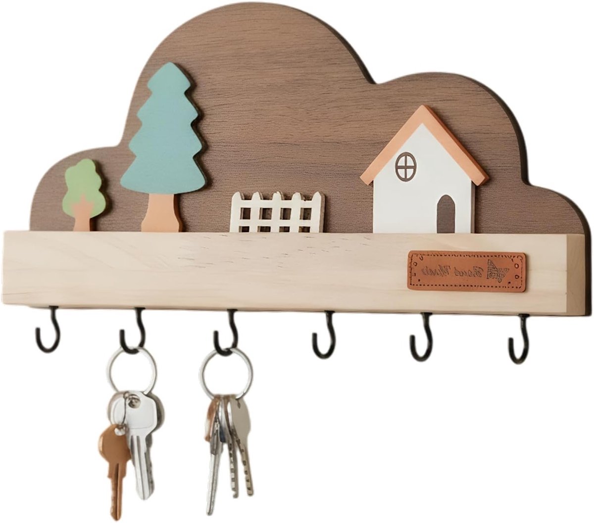 Houten Sleutelhanger voor Wandmontage, Zelfklevend, Met 6 Haken, Ideaal voor Entree en Organisatie van Sleutels