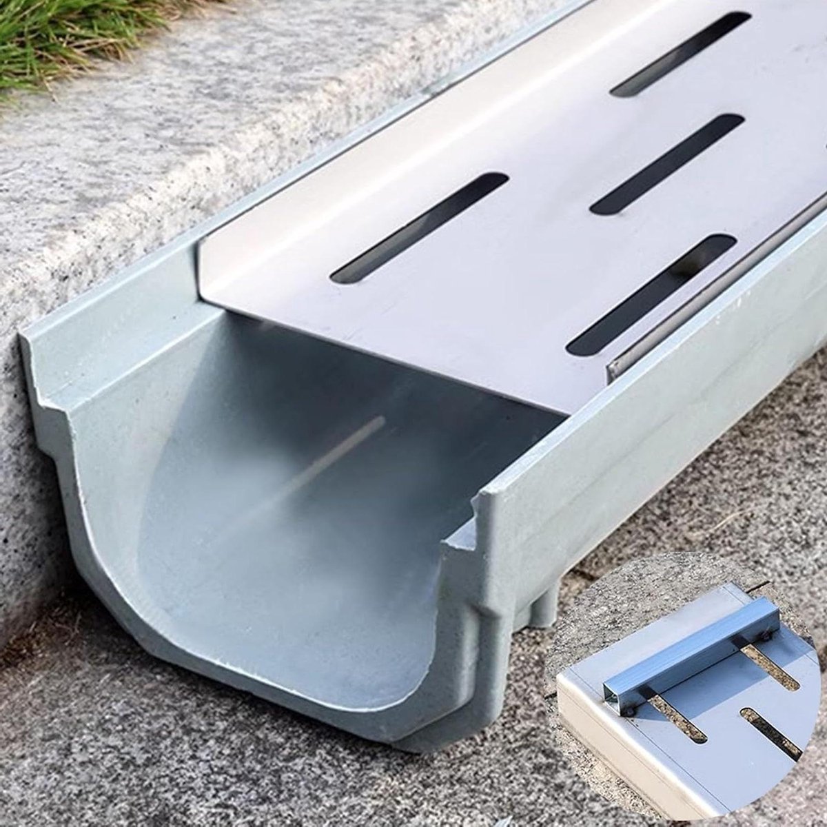 Drainagegoot met rooster - Waterafvoer goot - Terras waterdicht - Duurzaam hars en staal - 100 cm lengte - Grijs