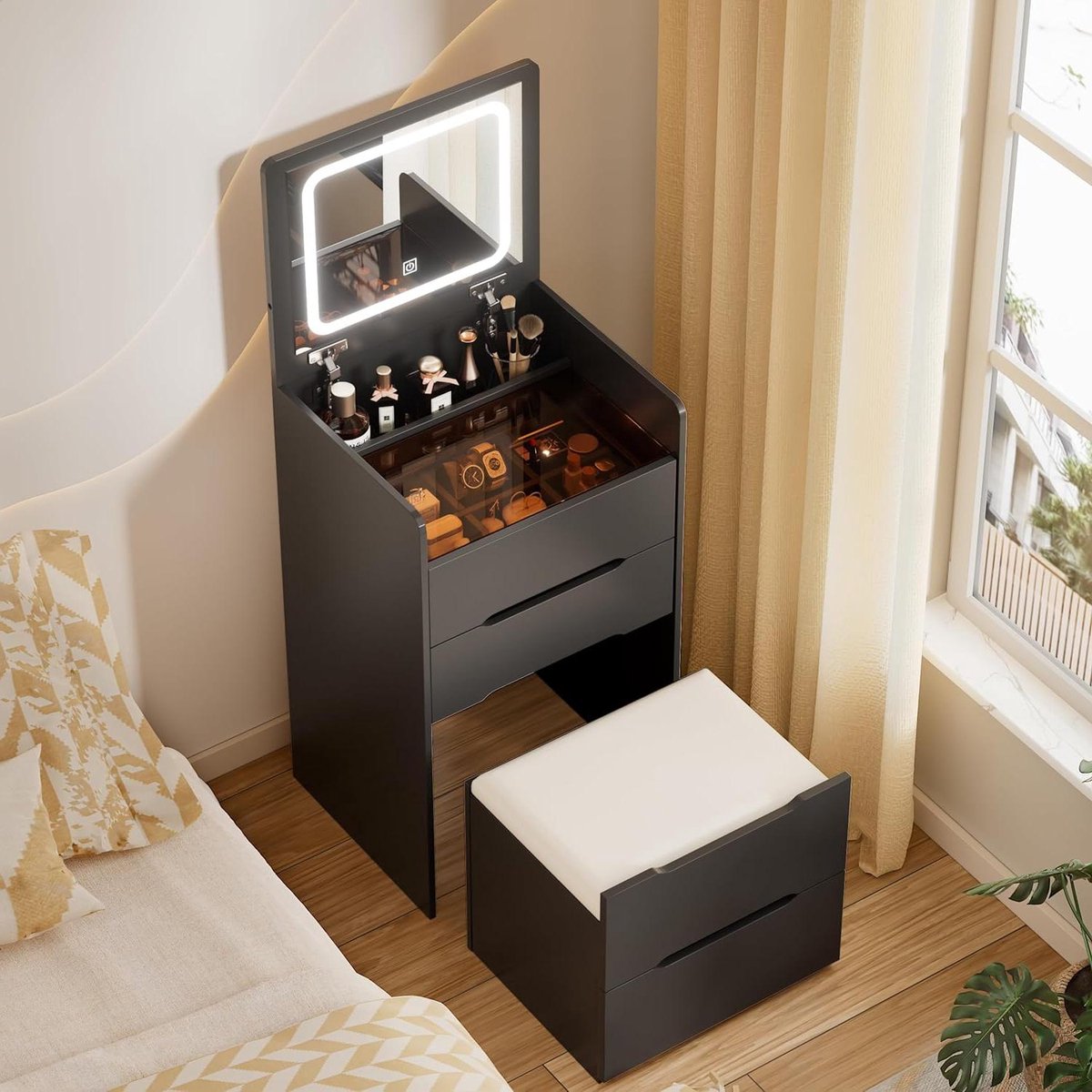 Make-uptafel met spiegel - Bureau met kruk - Slaapkamer organiseren - 3-in-1 design - 48x40x82cm - Zwart