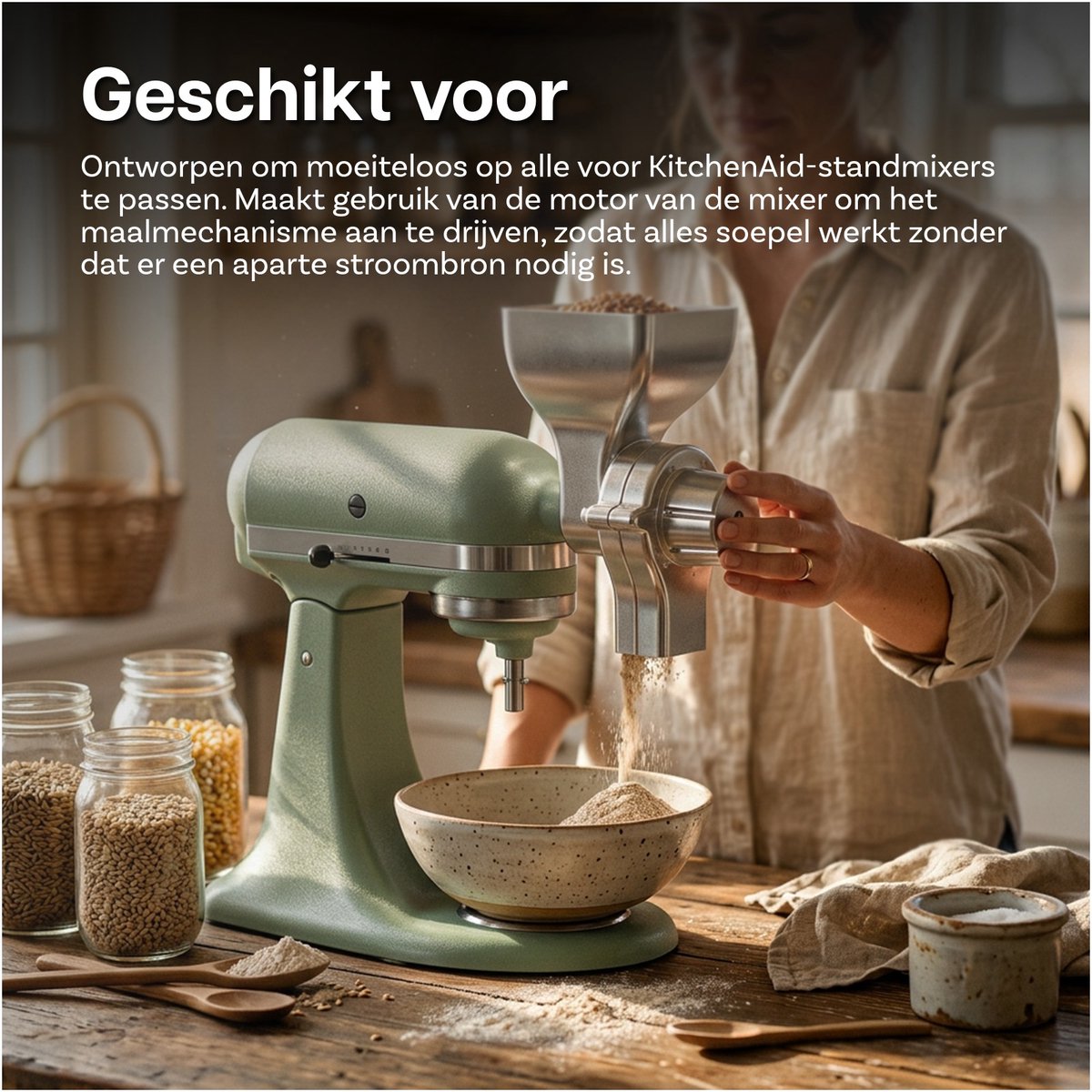 Graanmolen Opzetstuk voor KitchenAid Stand Mixer van MMOBIEL – 12 Instelbare Maalstanden – Metalen Graanmolen voor Malen van Tarwe, Maïs, Haver, Noten, Koffiebonen & Meer – Makkelijk Te Reinigen thumbnail 2