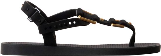 Zwarte Ipanema slipper met gouden gespen en verstelbare enkelband.