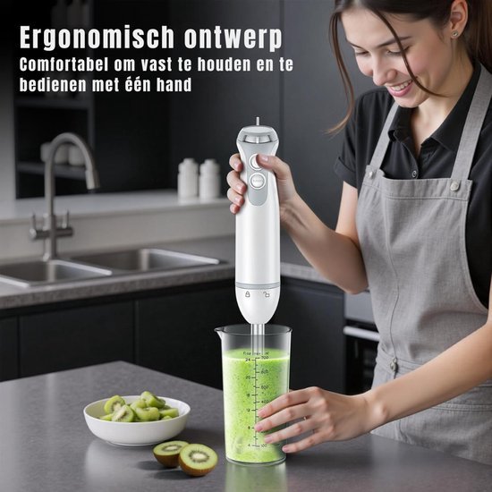 KAD® Staafmixer Set - Staafmixer met Hakmolen Set - Multi-Functionele Handmixer - Inclusief Mengbeker & Garde - Wit - 18cm x 7cm x 39cm van Kad — afbeelding 4