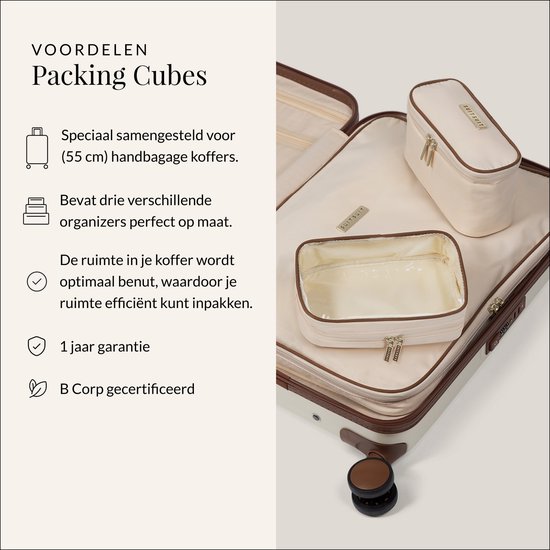 Crème packing cubes in een open handbagage koffer. Geschikt voor 55 cm koffers.