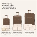 Drie maten bruine SUITSUIT koffers met bijpassende crème packing cube sets.