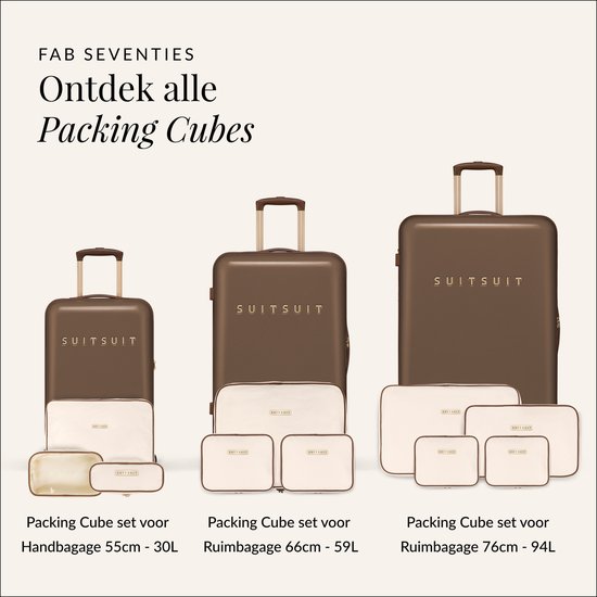 Drie maten bruine SUITSUIT koffers met bijpassende crème packing cube sets.