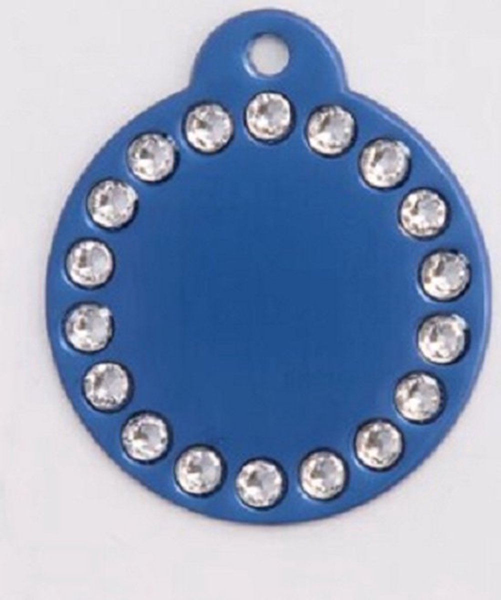 Hondenpenning Rond stras one size blauw