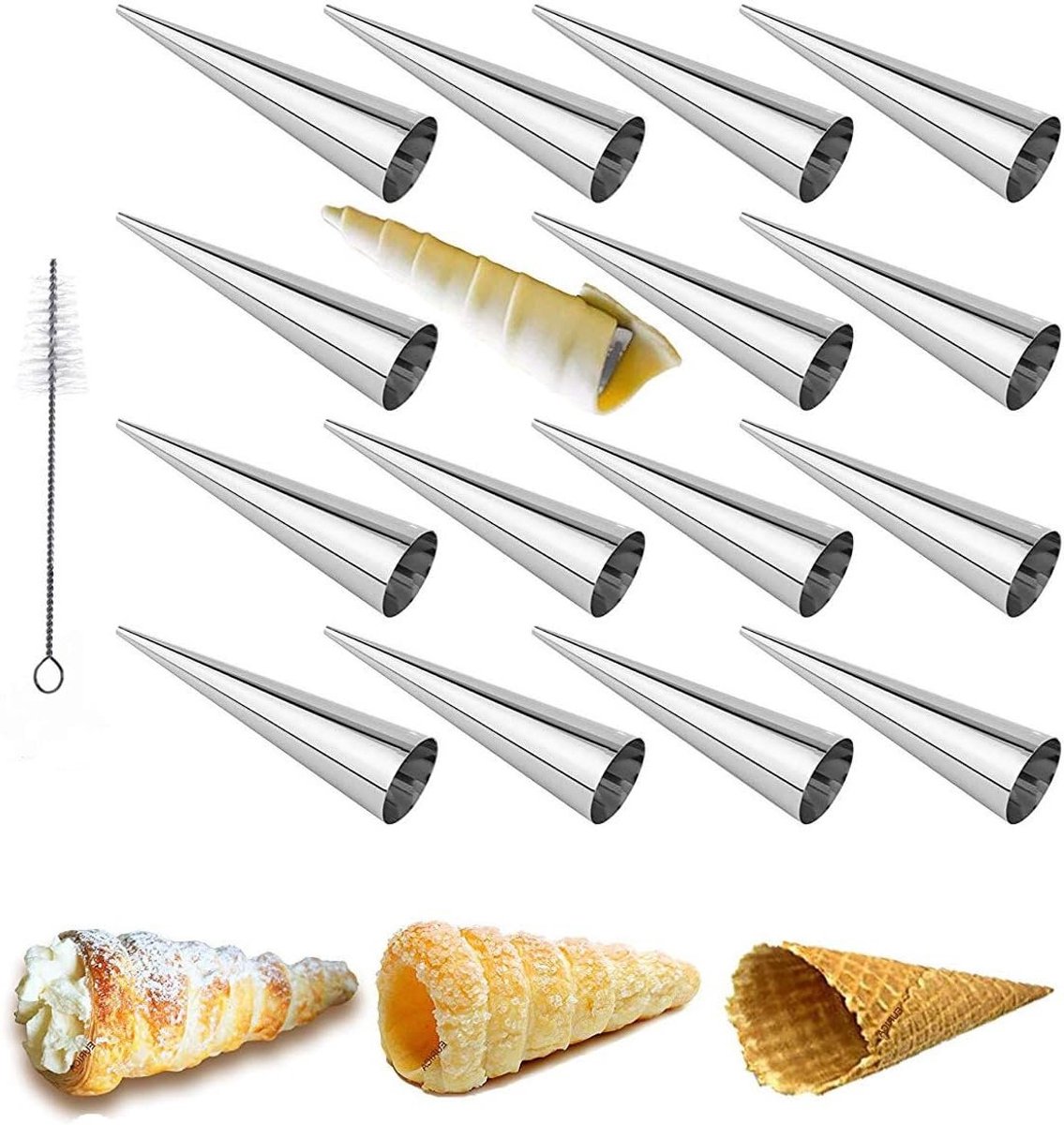 16 Stuks Mallen voor Roomhoorn met Schoonmaakborstel, RVS Conusroller voor het Bakken van Cannoli Schelpen en Knapperige Gebakjes voor Feestjes en Verjaardagen