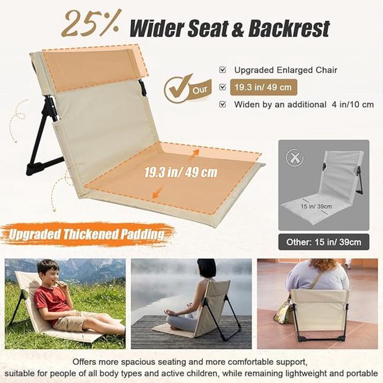 Strandstoel Opvouwbaar - Opvouwbare kampeerstoel - Vloerstoel Inklapbaar met Rugleuning - Ultralichte - draagbare strandstoel - Campingstoel - Vouwstoel - voor buiten- gazon- zwembad- picknick- backpacken en roadtrip - Zwart — afbeelding 4