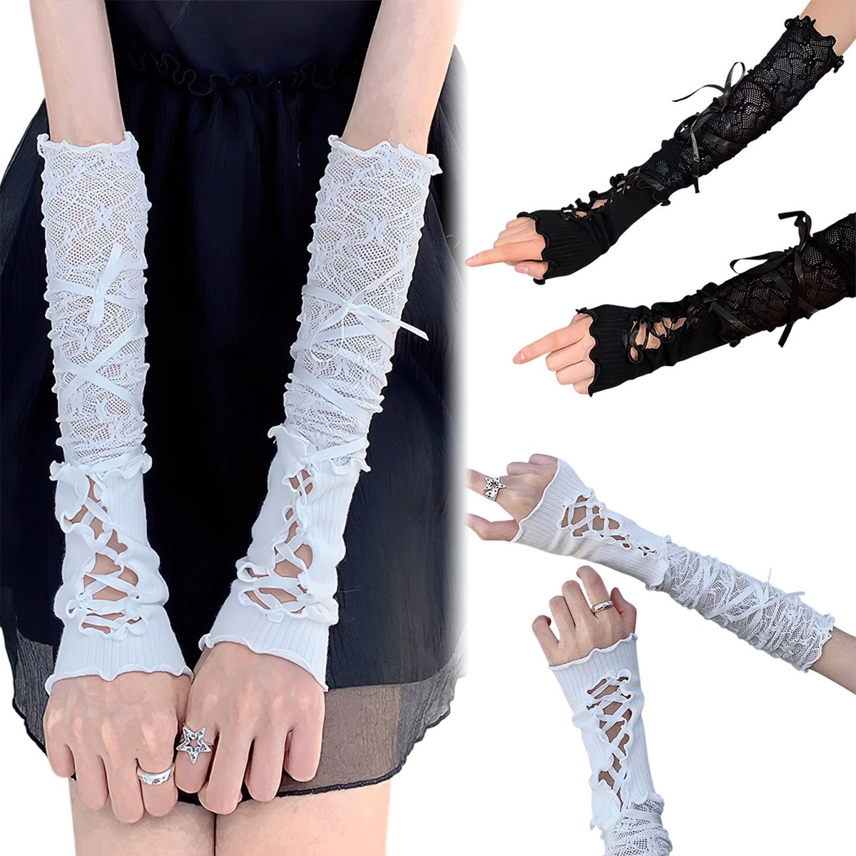 Topmelon Handschoenen kant- dames - Lange Elastische Visnet vingerloze handschoen - Gothic gloves - Avondhandschoenen 2 paar Zwart+ Wit