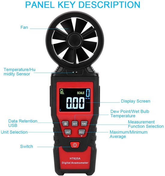 Digitale Anemometer - Windsnelheidsmeter Luchtvolume - Buitenmetingen - Professionele Nauwkeurigheid - 0.40-30.00 m/s - Zwart — afbeelding 4