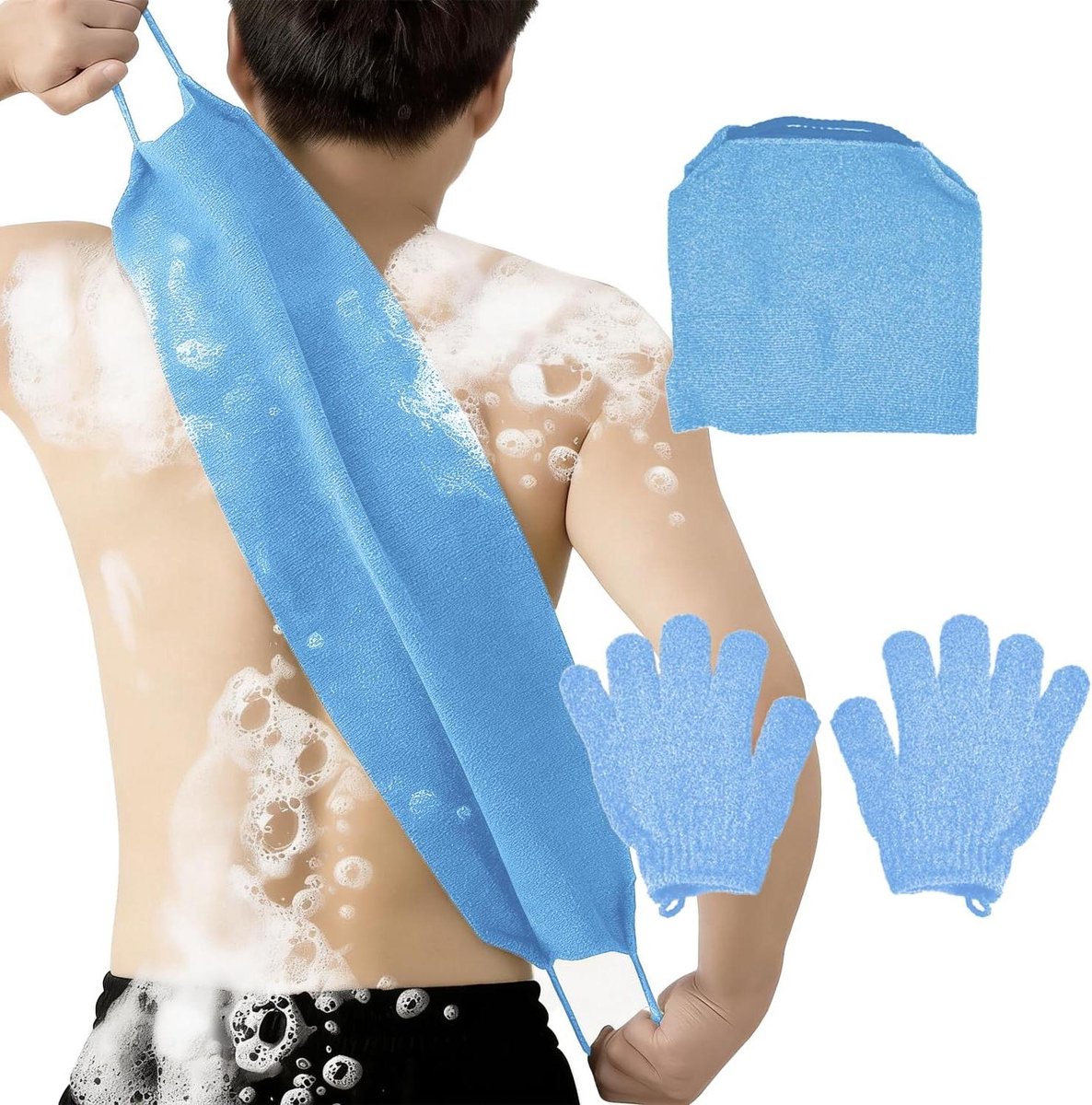 Lichaampeeling Set - Douchehandschoenen - Huidglad Maken - Elastische Band - 3 Stuks - Blauw