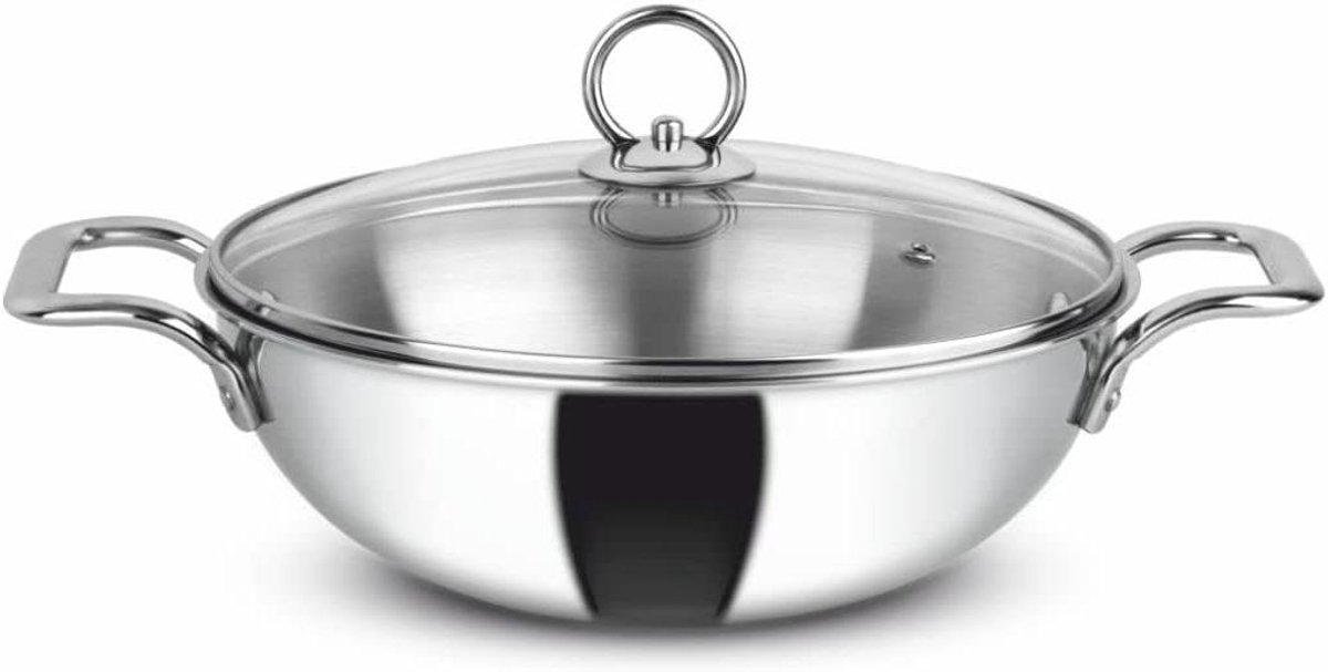 Roestvrijstalen Kadai - Diepe Pan Kookpan - Curries en Stoofschotels Maken - Drievoudige Roestvrijstalen Constructie - 28 cm - Zilver