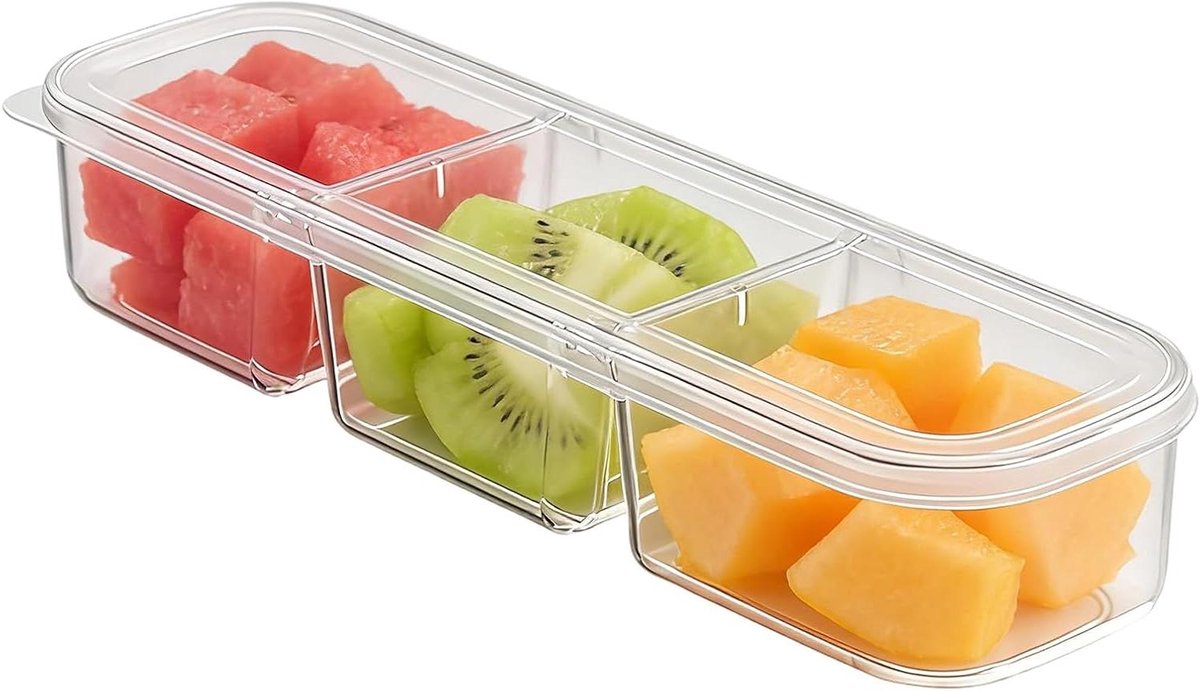 Koelkast Opbergdozen - Doos met Deksel - Voedsel Organiseren - Vakken Indeling - 28x9x6 cm - Transparant