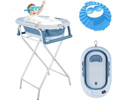 PIPIPOXER-Babybadje Opvouwbaar - Babybad met standaard - Peuterbadje - Opvouwbaar bad kinderen - Incl Badkussen - Blauw