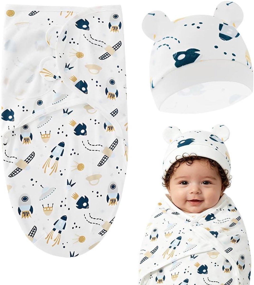 Babyhoofdband met muts - Pasgeboren swaddle - Veilig inbakeren - Bootst baarmoeder na - 0-6 maanden - Blauw