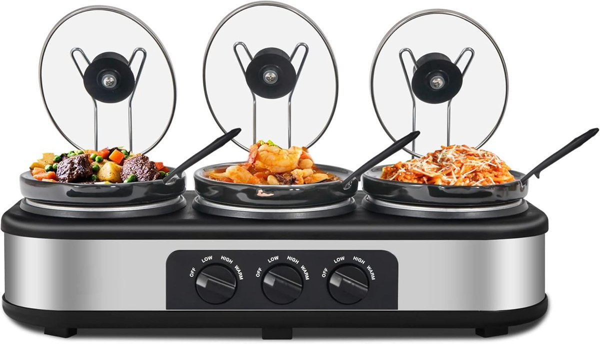 Triple Slow Cooker - Buffet Server - Feestelijke Maaltijden - Drie Aparte Pannen - 3x 1.5 Liter - Zilver – foto 7