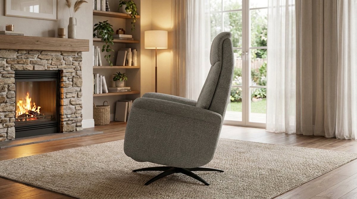 Elektrische Relaxfauteuil 1-Motorig – House&Garden Oslo Mushroom Royal Bouclé 79x87x112 cm – Draaifauteuil 350° met Voetsteun & Kantelfunctie – Luxe Design Fauteuil Zwart Metaal – Ergonomische Comfort Relaxstoel Woonkamer