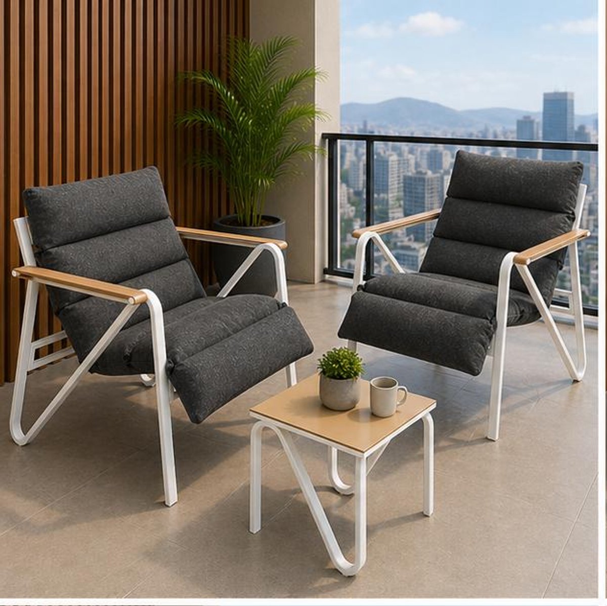 Balkonset 3-delig – Tuinmeubelset met 2 Stoelen en Keramisch Glazen Tafel, Weerbestendige Balkonmeubelen met Kussens voor Terras en Tuin Wit/Grijs – Dader