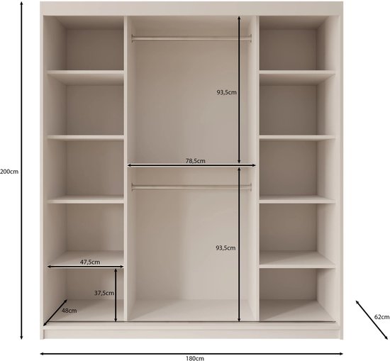 Afmetingen van een beige kledingkast met schuifdeuren. Binnenkant met planken en kledingroedes.