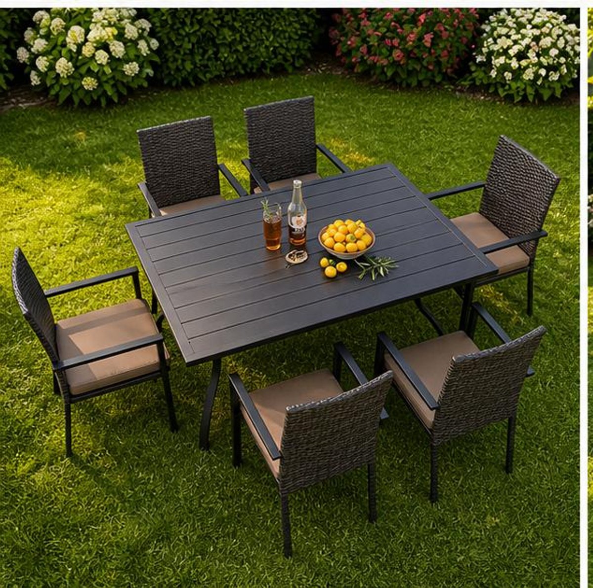 Tuinset 6 Personen – Polyrattan Tuinmeubelset met Eettafel 152 cm en 6 Stoelen, Weerbestendig met Parasolgat voor Tuin en Terras – Dader