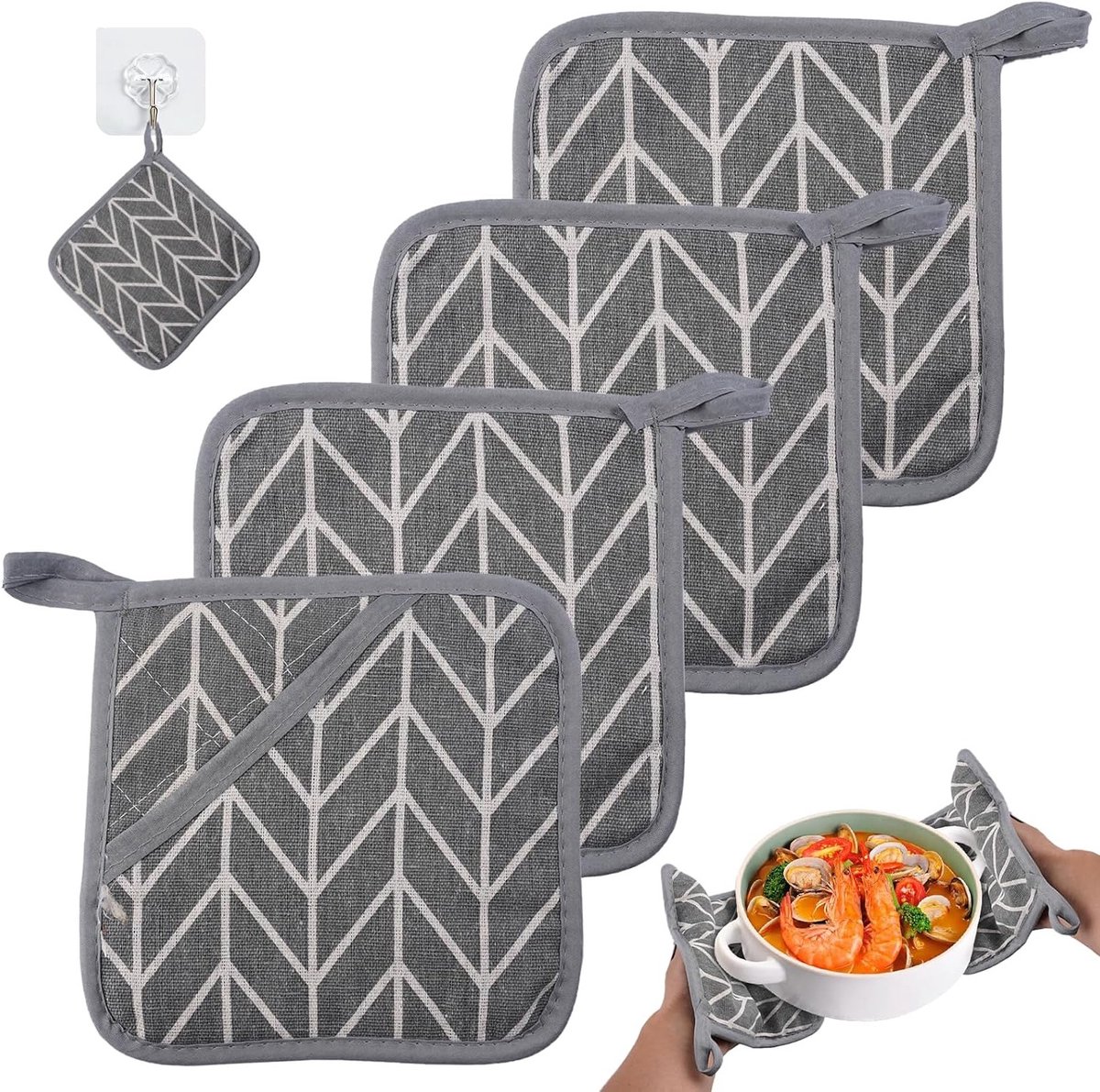 Set van 4 Grote Katoenen Pannenlappen met Tas, Warmtebestendige Keukenaccessoires voor Veilig Koken en Bakken