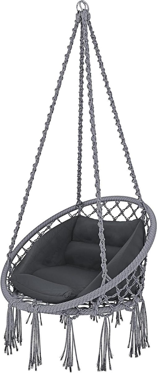 Hangstoel Katoen - Macramé Schommel - Ontspannen Buiten - Stalen Frame - Tot 160kg - Grijs