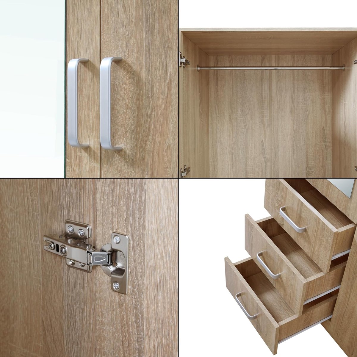 Kledingkast – Arqam “Bodolz Compact Luxe Mirror” Garderobekast 80x176x52 cm – Sonoma Eiken – Met Spiegel, 3 Lades & Opbergvakken – Slaapkamerkast / Hal Kast / Moderne Opbergkast MDF & Glas