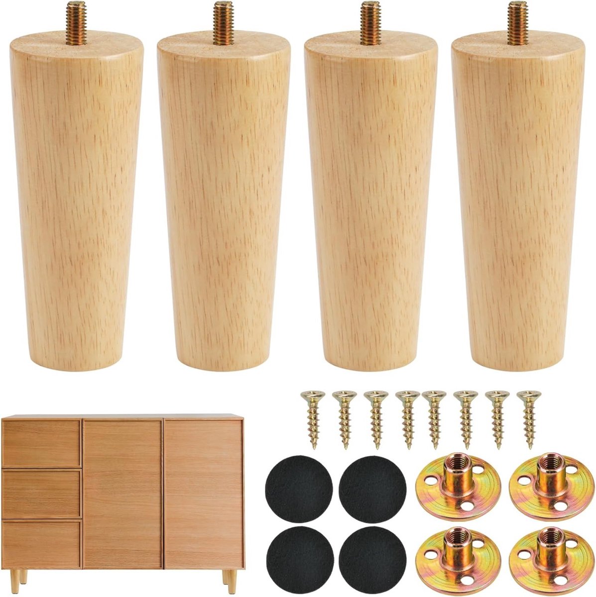 Set van 4 Houten Meubelpoten 12 cm - Vervangende Poten voor Tafel, Bank en Kast met Schroeven en Rubber Pads