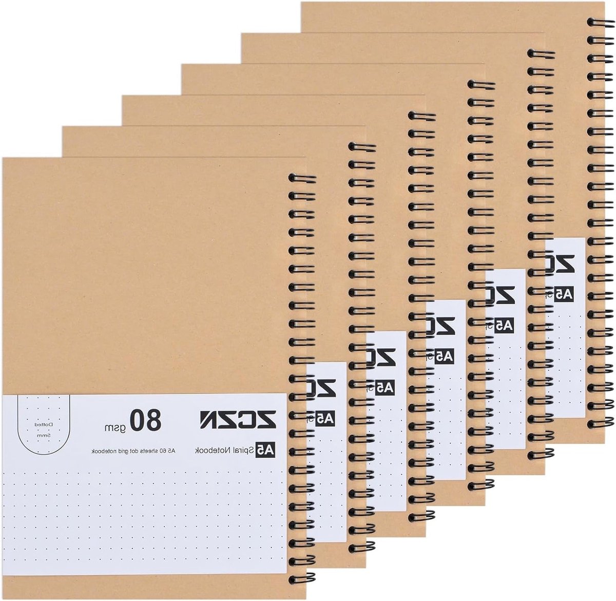6 Blocks Spiral Notebook A5 Kraft met 60 Vel, Dubbelspiral Notitieboek voor Tekeningen, 80gsm, Perfect voor Notities en Schetsen, 120 Pagina's met Ruitjes en Stippellijnen