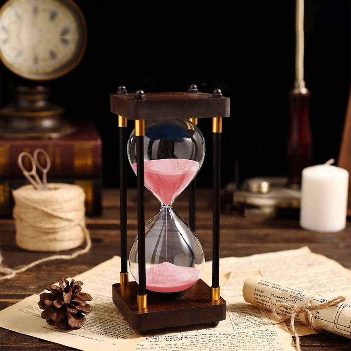 Zandloper Zand Timer - Zand Klok - Tijdmanagement Keuken - Handgemaakt Hout Glas - 30/60 Minuten - Roze