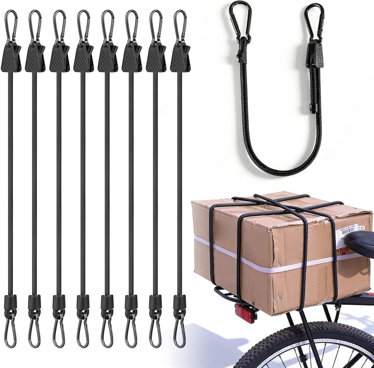 Verstelbaar Spanrubber - Expander Touw - Bagage Bevestigen - Met Karabijnhaak - 8 Stuks 120 cm - Zwart