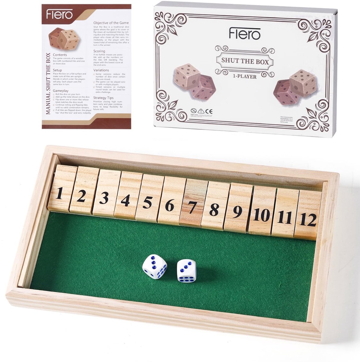 Flero Shut The Box, Houten Dobbelspel, Klepspel - 1 Speler Bordspel met 12 Klepjes en 2 Dobbelstenen - Montessori Tactiek- en Rekenspel voor Kinderen, Volwassenen en Ouderen vanaf 3 Jaar - Reisspel, Cadeau (Groen)