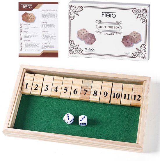 Flero Shut The Box, Houten Dobbelspel, Klepspel - 1 Speler Bordspel met 12 Klepjes en 2 Dobbelstenen - Montessori Tactiek- en Rekenspel voor Kinderen, Volwassenen en Ouderen vanaf 3 Jaar - Reisspel, Cadeau (Groen)