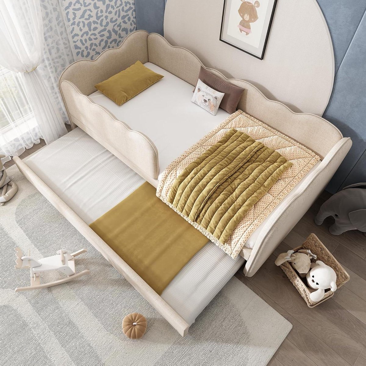 Gestoffeerd kinderbed - Slaapbank - Kamerindeling - Uitschuifbaar bed - 90x190 cm - Beige