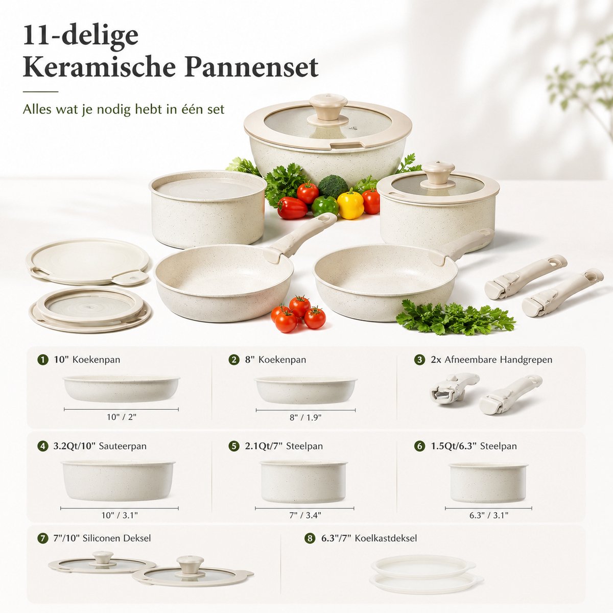 BOTC Pannenset – 11-Delig – Voor Inductie en Gas – Afneembare handgreep - Vaatwasser Bestendig — afbeelding 4